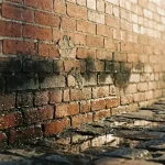 Verweerde bakstenen muur met donkere vochtplekken die omhoog kruipen vanaf de fundering, regendruppels op nat oppervlak