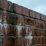 Verweerde bakstenen muur met vochtplekken, zoutuitslag en waterdruppels, keramische ventilatie-elementen in voegen
