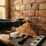 Technicus installeert witte keramische buizen in vochtige rode bakstenen muur met gereedschap op werkbank