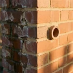 Doorsnede van bakstenen muur met vochtschade links en droge sectie rechts met CAREBRICK ventilatiebuisje