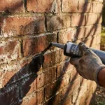 Verweerde bakstenen muur met vochtplekken en witte zoutafzettingen, hand houdt afdichtingskit vast bij lekkende plek