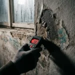 Vochtmeter tegen beschadigde muur met donkere vochtplekken, afbladderende verf en schimmelvorming