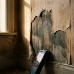 Afgebladderd behang onthult donkere vochtplekken en verkleuring op muur, vochtmeter meet schade in hoek van kamer