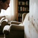 Bezorgde huurder inspecteert donkere vochtplekken en schimmelvorming op witte binnenmuur in woonkamer