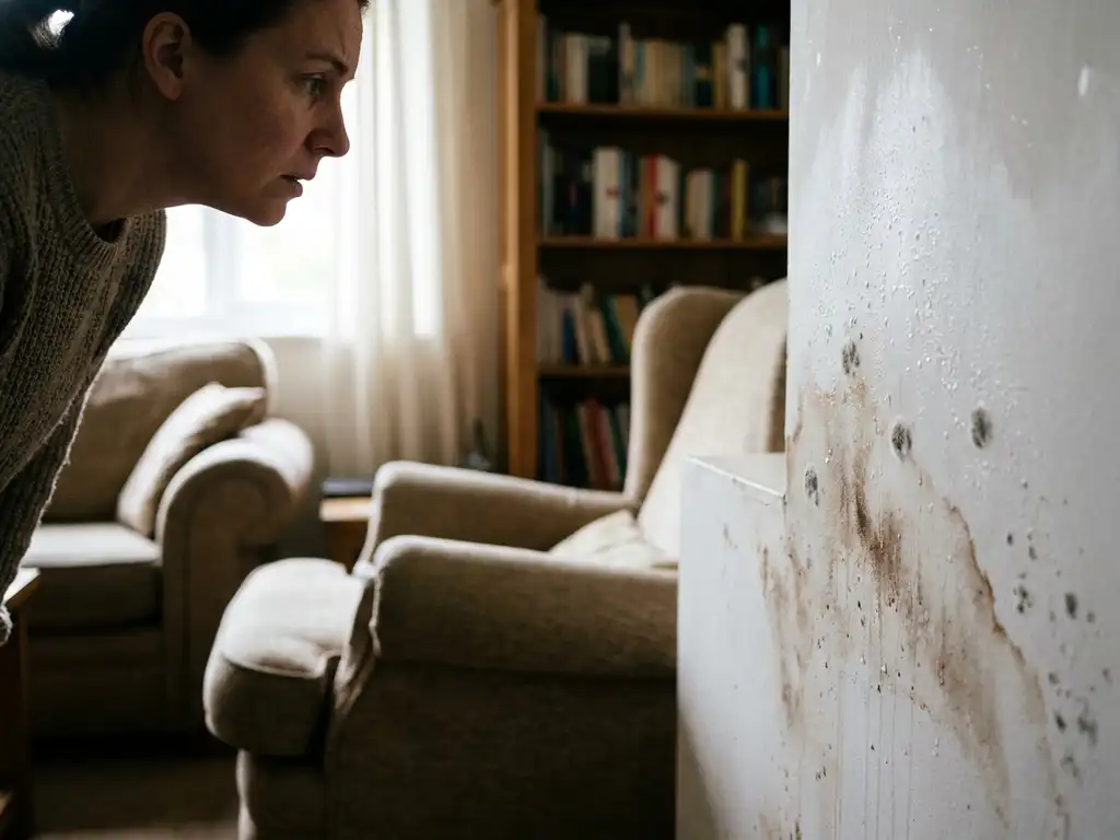 Bezorgde huurder inspecteert donkere vochtplekken en schimmelvorming op witte binnenmuur in woonkamer