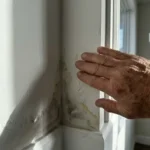 Bezorgde huiseigenaar raakt vochtige muurhoek aan met watervlekken en schimmelvorming in moderne nieuwbouwwoning