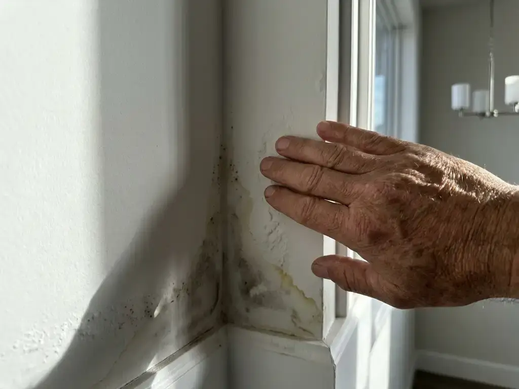 Bezorgde huiseigenaar raakt vochtige muurhoek aan met watervlekken en schimmelvorming in moderne nieuwbouwwoning