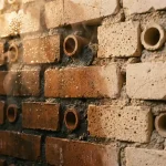 Doorsnede van bakstenen muur met vocht dat verdampt van natte donkere stenen naar droge lichte stenen, keramische ventilatiebuizen zichtbaar