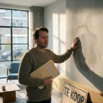 Bezorgde huiseigenaar onderzoekt vochtplek op muur terwijl hij hypotheekdocumenten vasthoudt, te koop bord tegen plinten