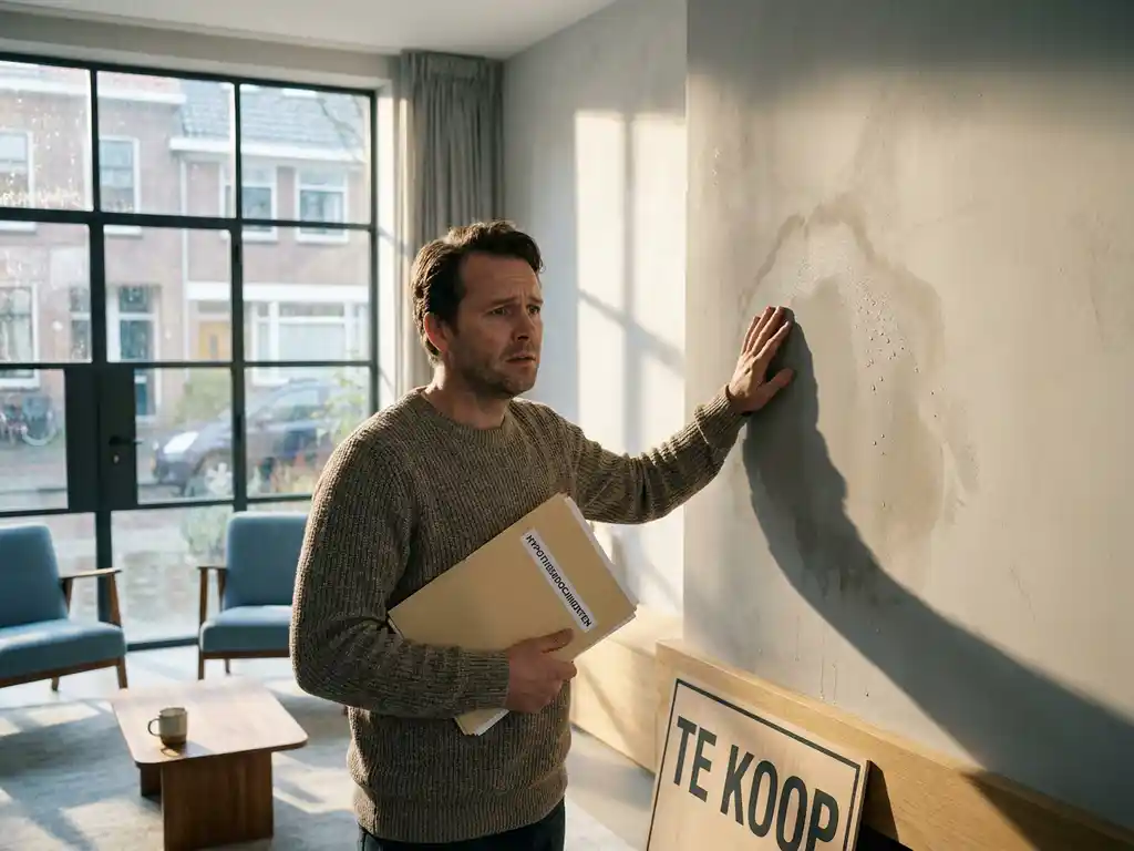 Bezorgde huiseigenaar onderzoekt vochtplek op muur terwijl hij hypotheekdocumenten vasthoudt, te koop bord tegen plinten