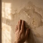 Hand drukt tegen vochtige binnenmuur met donkere watervlekken en verkleuring, close-up toont textuurverschillen tussen natte en droge pleisterwerk