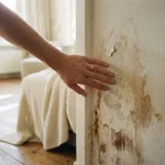 Huiseigenaar raakt beschadigde muur aan met vochtplekken en afbladderende verf in Nederlandse woonkamer
