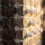 Doorsnede bakstenen muur met vochtschade links en witte keramische ventilatiebuizen rechts, gouden middaglicht