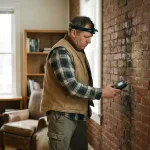 Vochtspecialist onderzoekt bakstenen muur met vochtmeter in warm verlicht wooninterieur