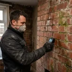 Vochtspecialist onderzoekt beschadigde bakstenen muur met vochtmeter in Nederlandse woning