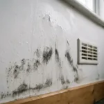 Witte muur met donkere vochtplekken die omhoog kruipen vanaf de plint, waterdruppels op het oppervlak