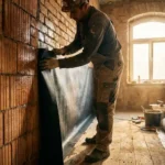 Bouwvakker brengt waterdichte membraan aan op bakstenen muur tijdens renovatie, gereedschap en plastic op houten vloer