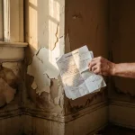 Beschadigde muur met donkere watervlekken en afbladderende verf, huiseigenaar houdt renovatiekostenschatting vast