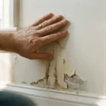 Homeowner raakt watervlekken aan witte muur met afbladderende verf en vochtschade bij de plint