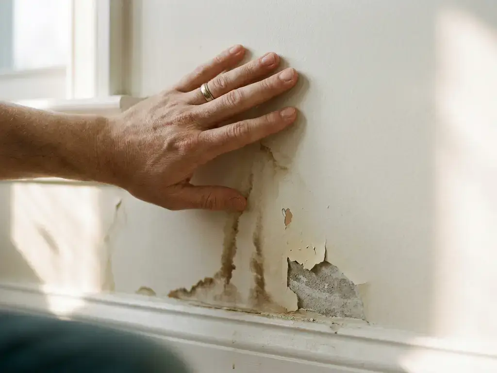Homeowner raakt watervlekken aan witte muur met afbladderende verf en vochtschade bij de plint