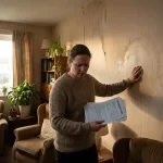 Bezorgde huiseigenaar onderzoekt vochtige muur met waterschade en loslaten behang terwijl hij verzekeringspapieren vasthoudt