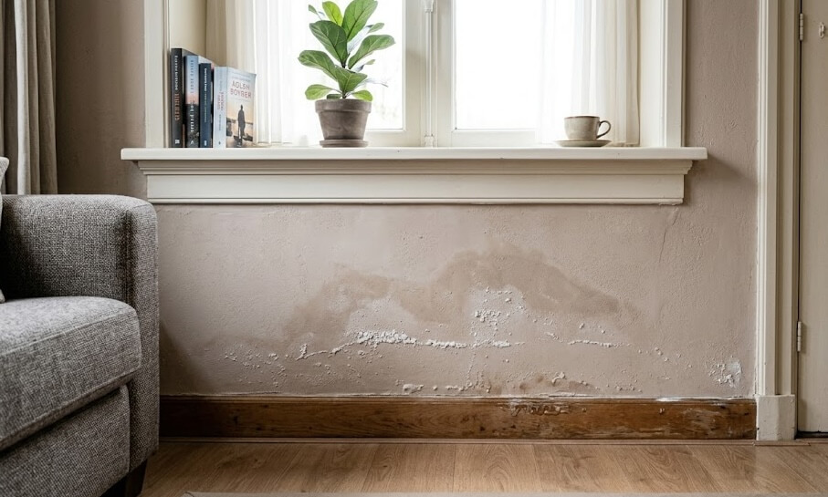 Witte zoutuitbloei op een vochtige muur