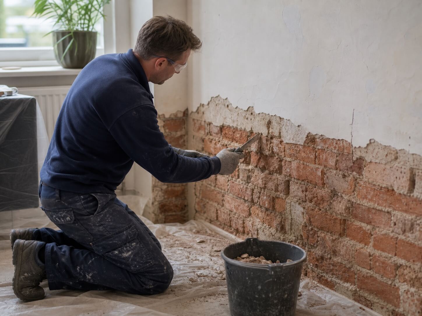 Vakman verwijdert beschadigd en zoutbelast pleisterwerk van een bakstenen muur