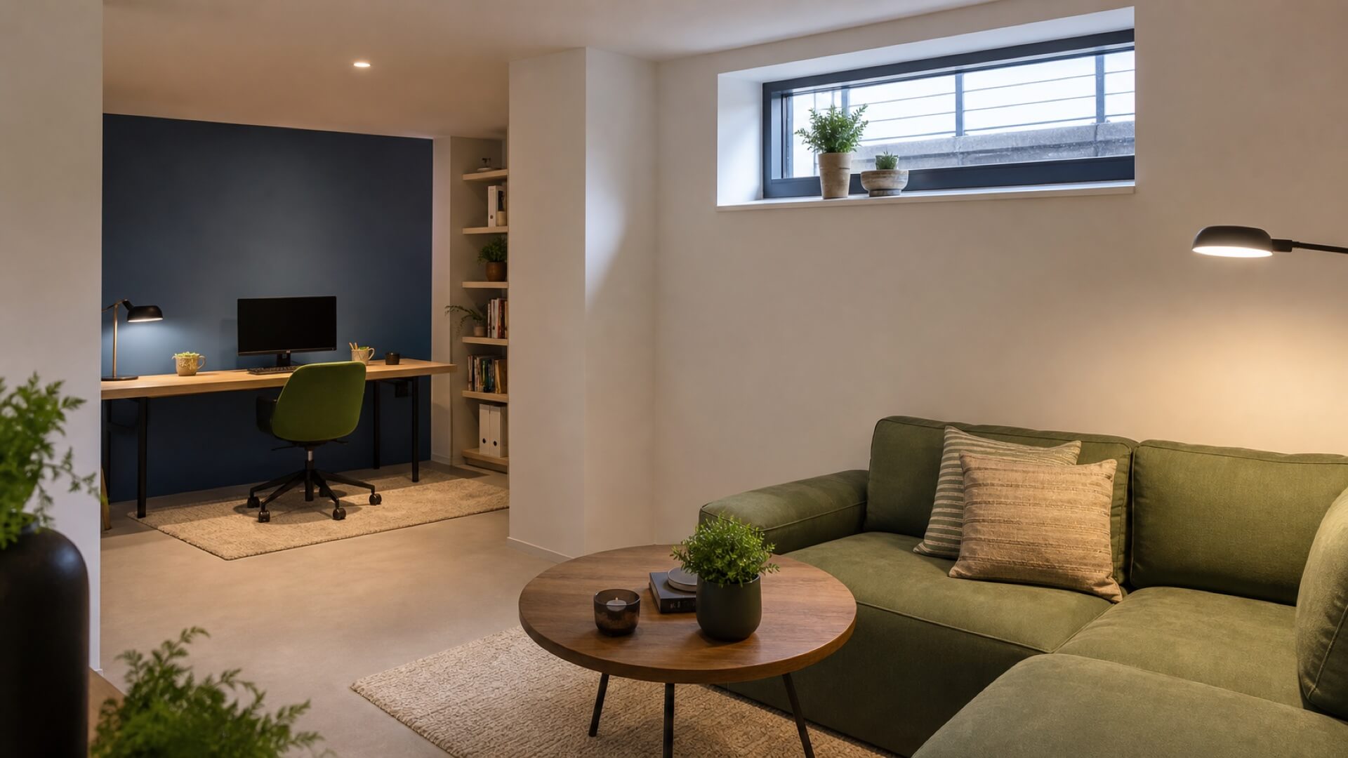 Lichte minerale kelderwand in een comfortabel souterrain
