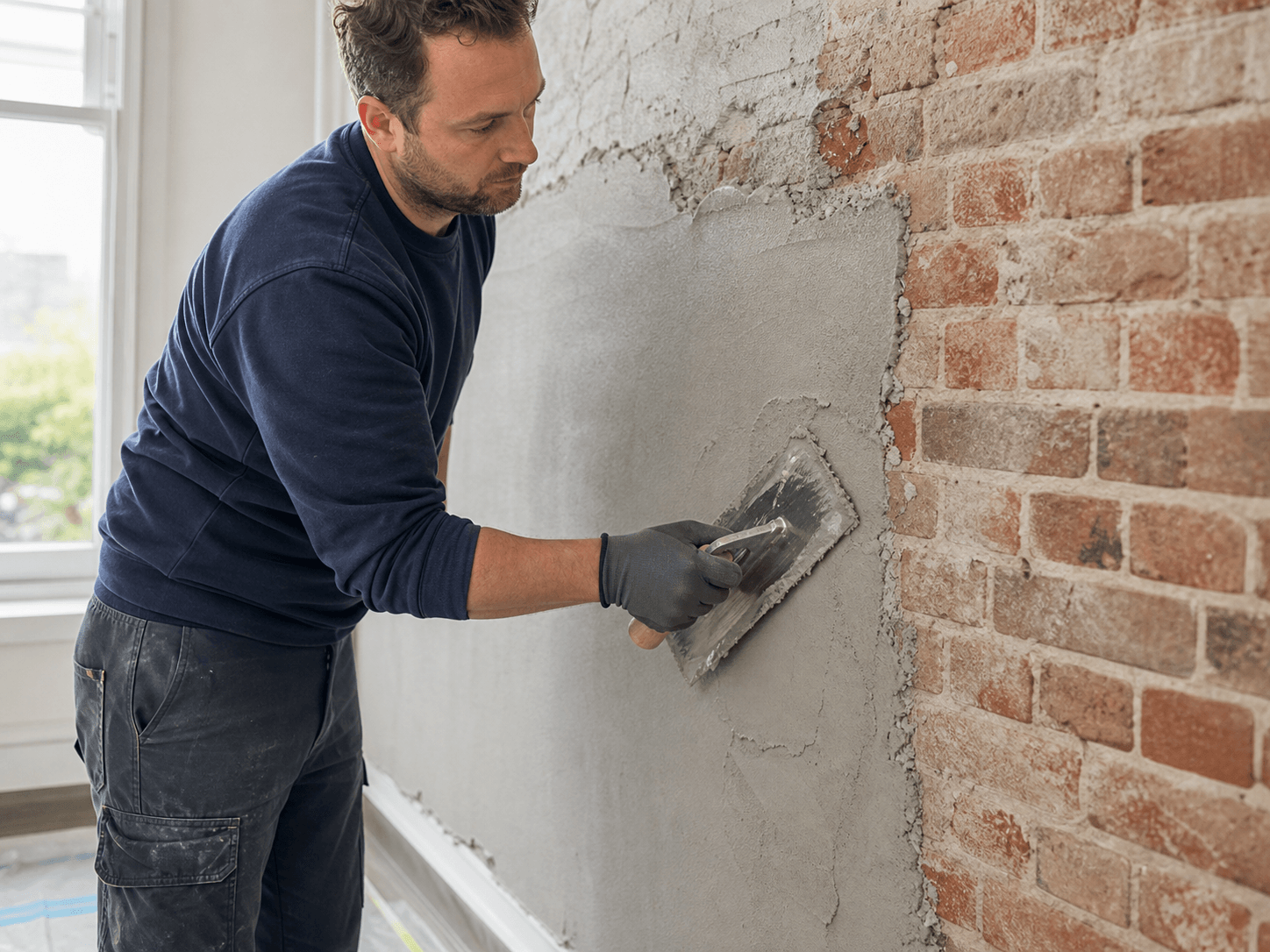 Stukadoor brengt een minerale ontvochtigingspleister aan op de voorbereide muur